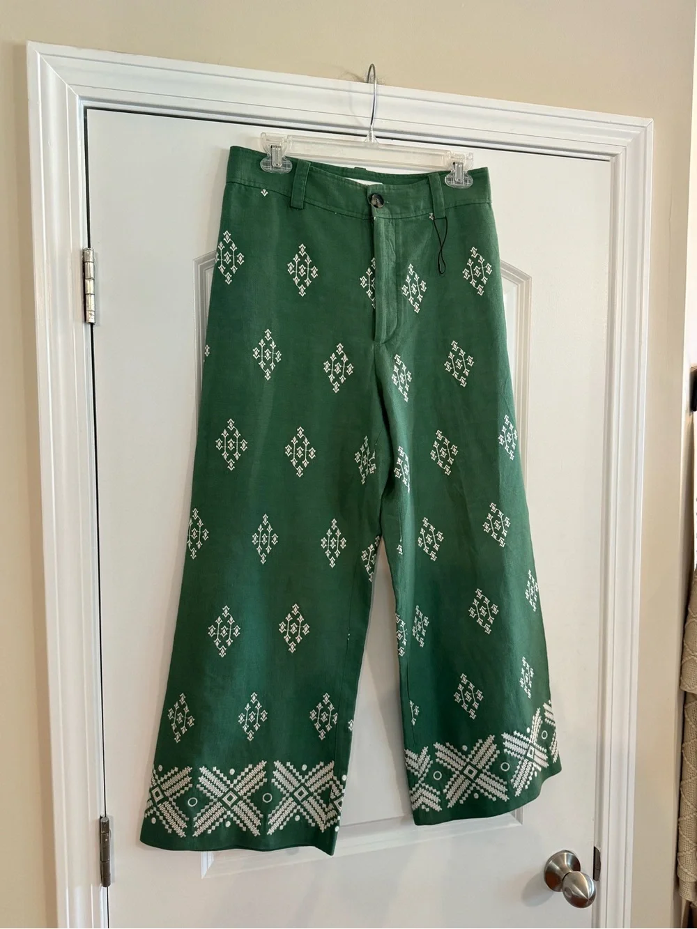 NEW Zara Embroidery High Waisted Straight Pants Size Medium Viscose Linen